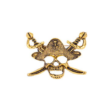Totenkopf-Piraten-Anstecknadel, goldfarbene Metallpin-Brosche mit Bandana und Schwertern