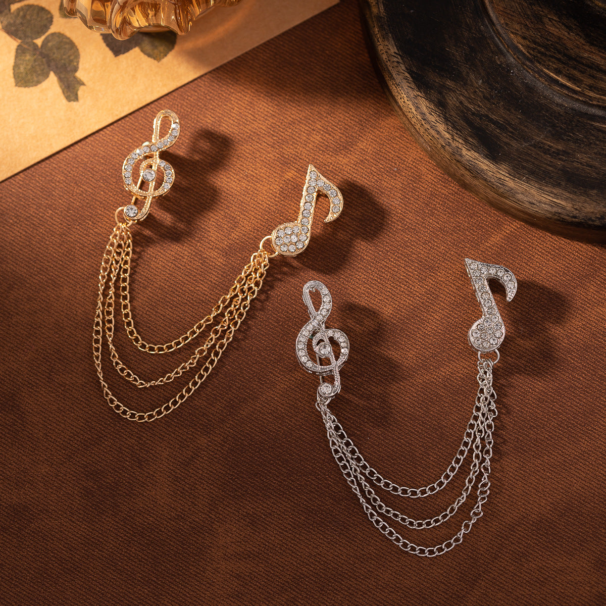 Diamond music note brooch with tassel chain, gold-tone, two-pack