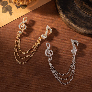 Diamond music note brooch with tassel chain, gold-tone, two-pack