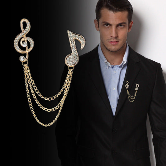 Men's Diamond Music Note Brooch with Tassel Chain 2 Pack