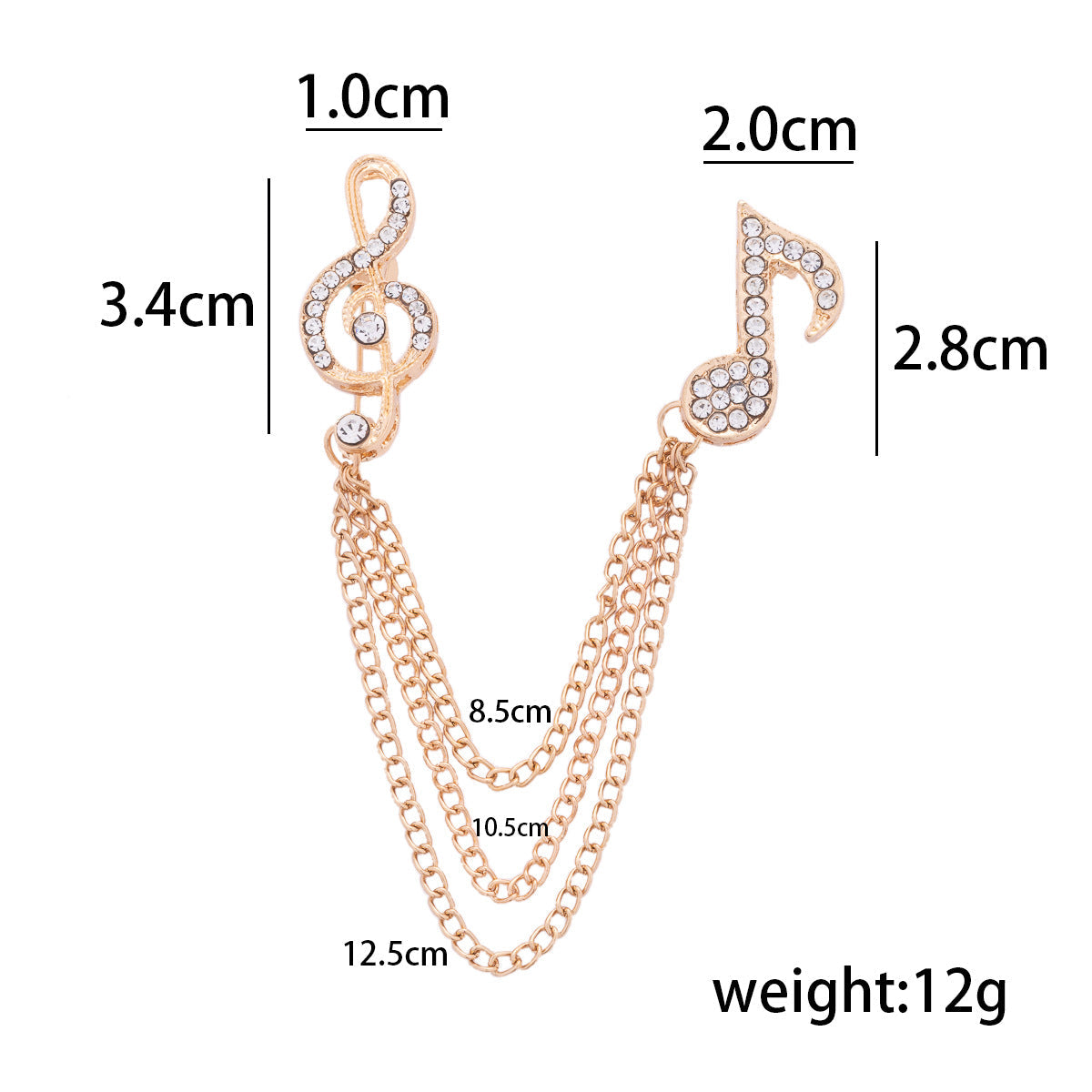 Diamond music note brooch and tassel chain, gold-tone, dimensions shown