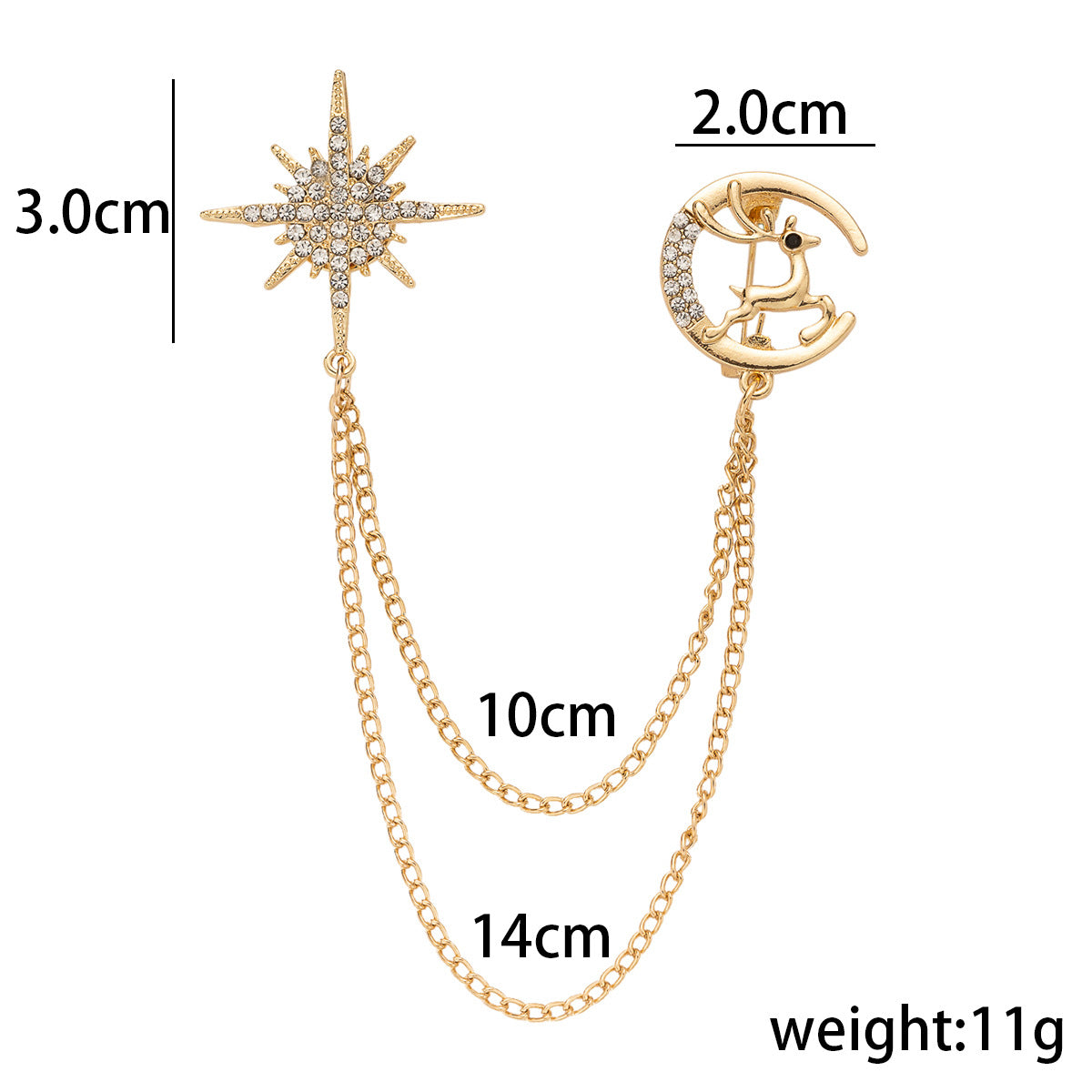 Maße: 3,0 cm Stern- & 2,0 cm Hirsch-Brosche, Kettenlänge 14 cm, Gewicht 11 g