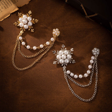 Gold snowflake pearl brooch with dangling chain and tassels, 2-pack set