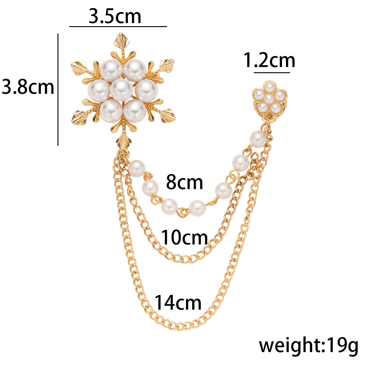 Brooch size diagram for snowflake pearl 2-pack: 3.8cm, 1.2cm, 8–14cm