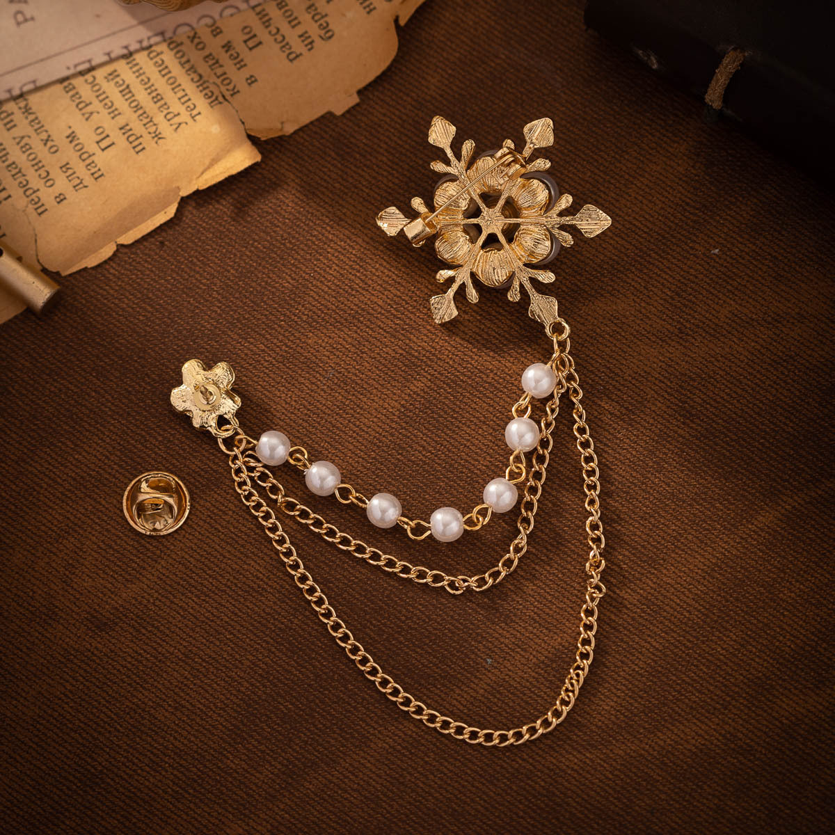 Gold snowflake pearl chain brooch with pin clasp and hanging pearl links, 2-pack