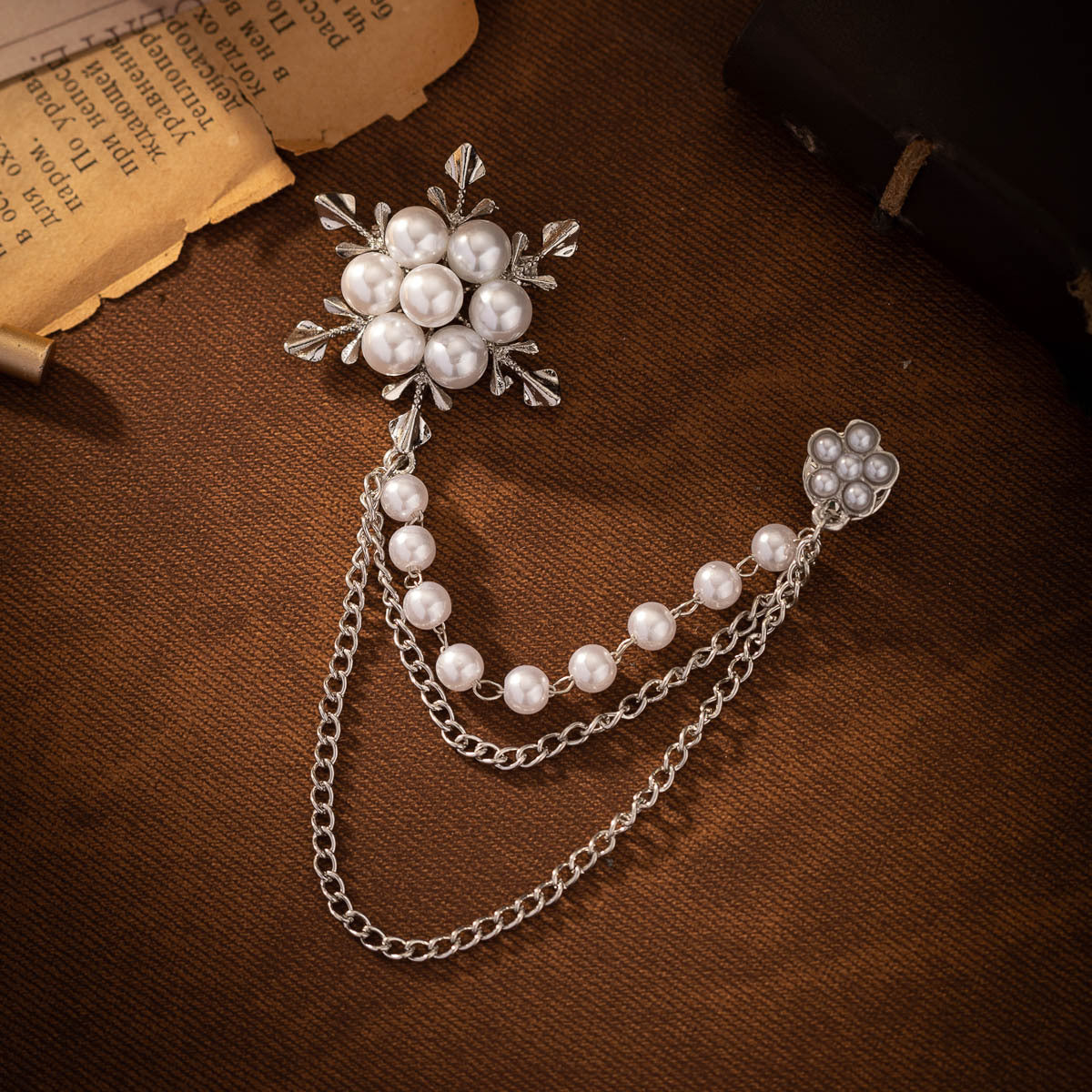 Silver snowflake pearl brooch with dangling chain and pearl drops, 2-pack