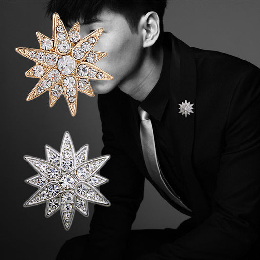 All-Diamond Hexagram Men's Brooch and Shirt Collar Pin 4 Pack