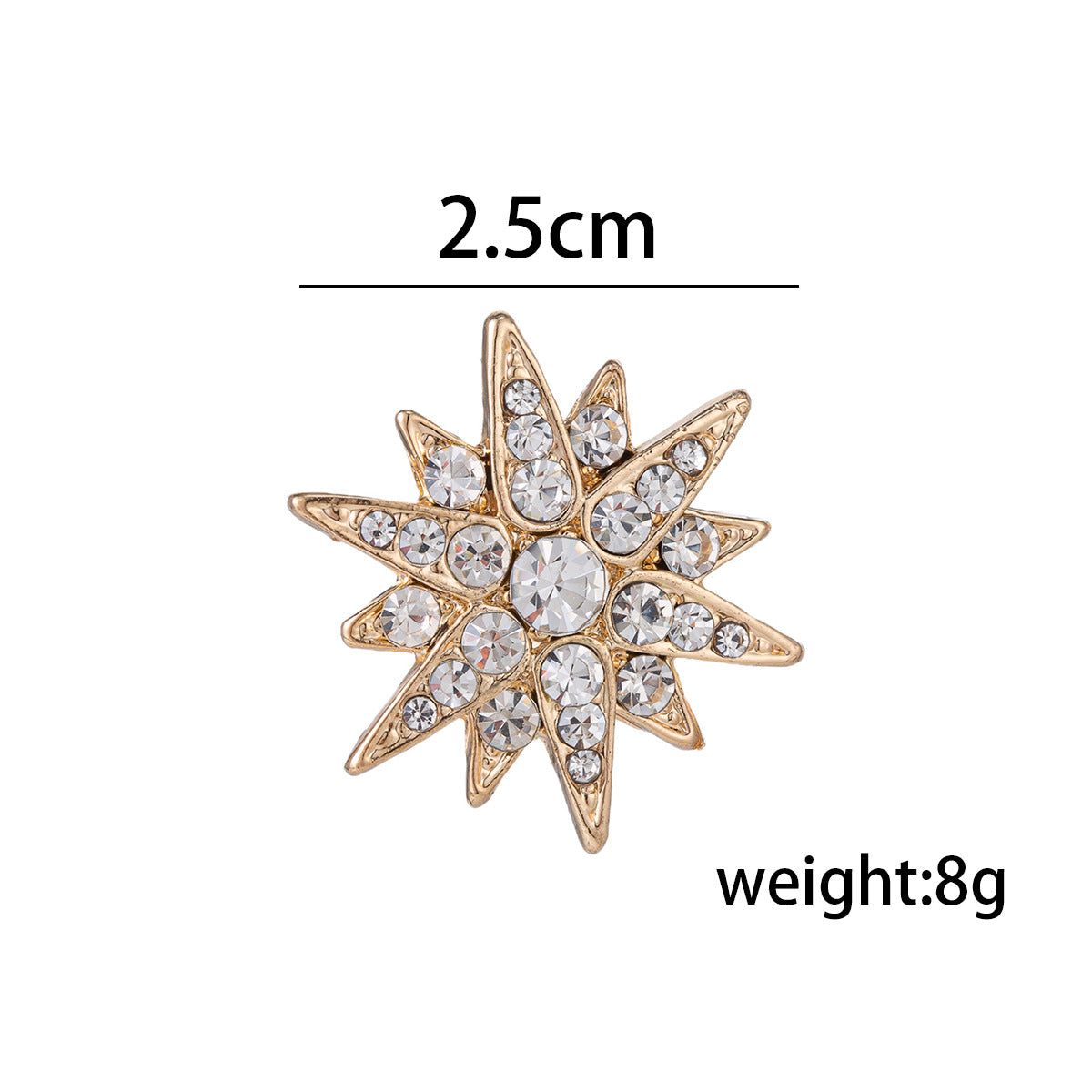 Gold-tone hexagram shirt collar pin, all-diamond rhinestones, 2.5 cm, 8g