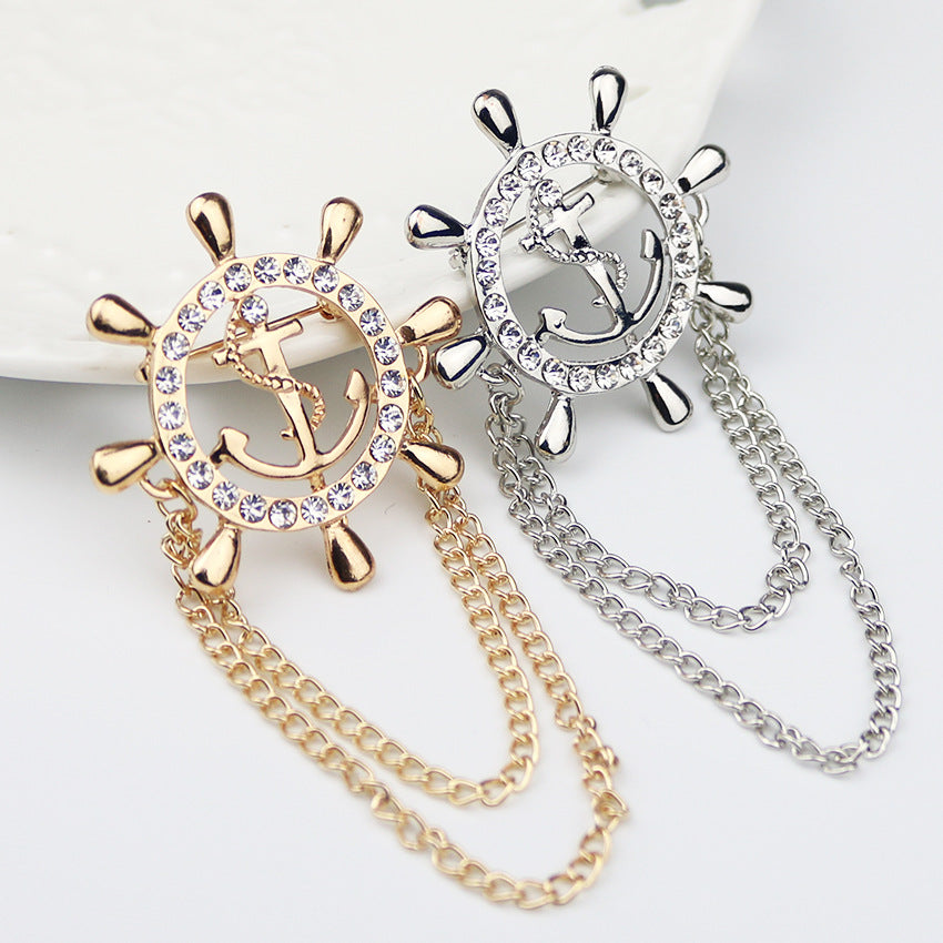 Anchor and rudder chain metal brooches, gold and silver with rhinestone trim