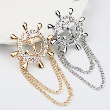 Anchor and rudder chain metal brooches, gold and silver with rhinestone trim
