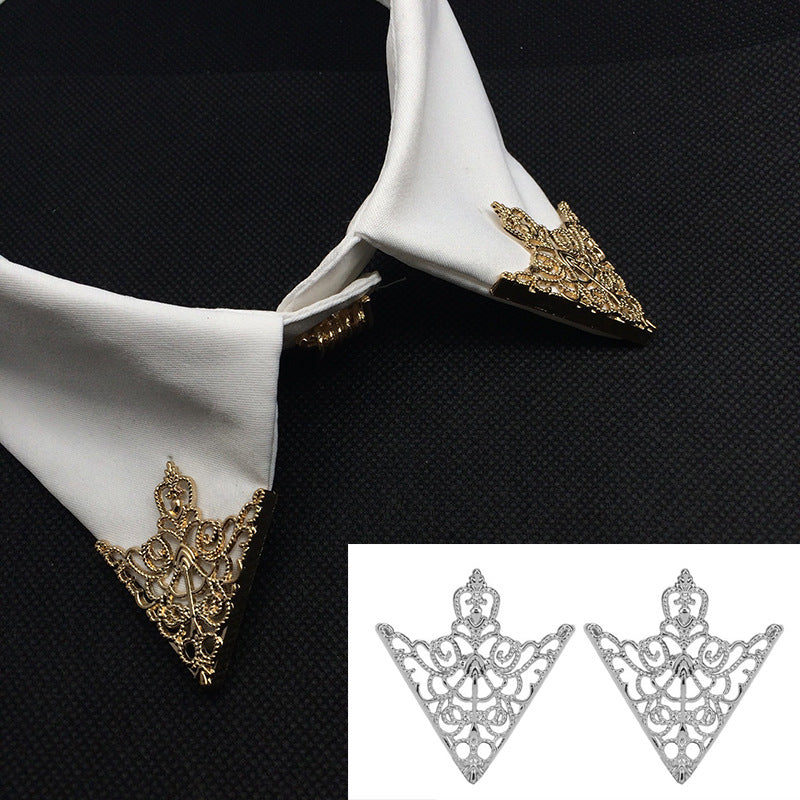 Gold hollow triangle shirt collar clip with ornate crown design, attached to collar