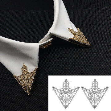 Gold hollow triangle shirt collar clip with ornate crown design, attached to collar