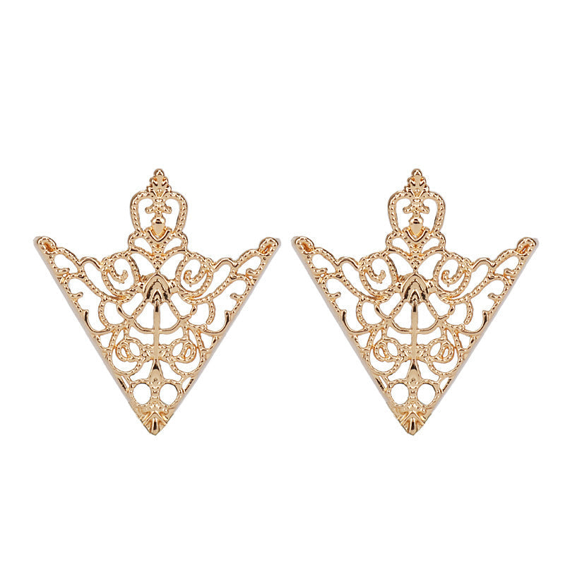 Gold hollow triangle shirt collar clips (2-pack) with ornate crown and filigree