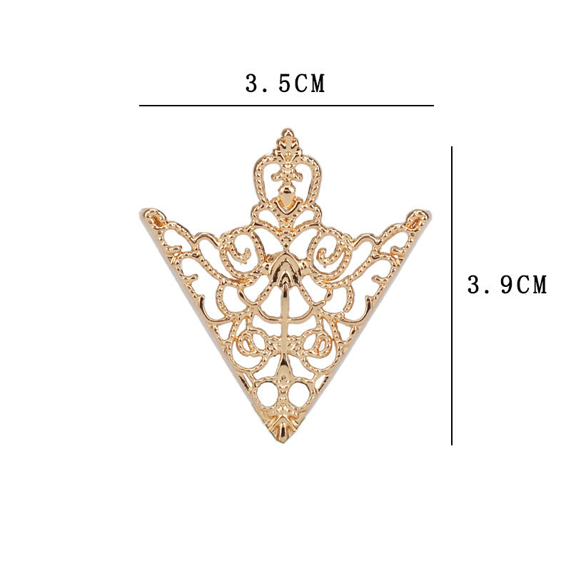 Gold hollow triangle shirt collar clip with crown motif and lace filigree detail