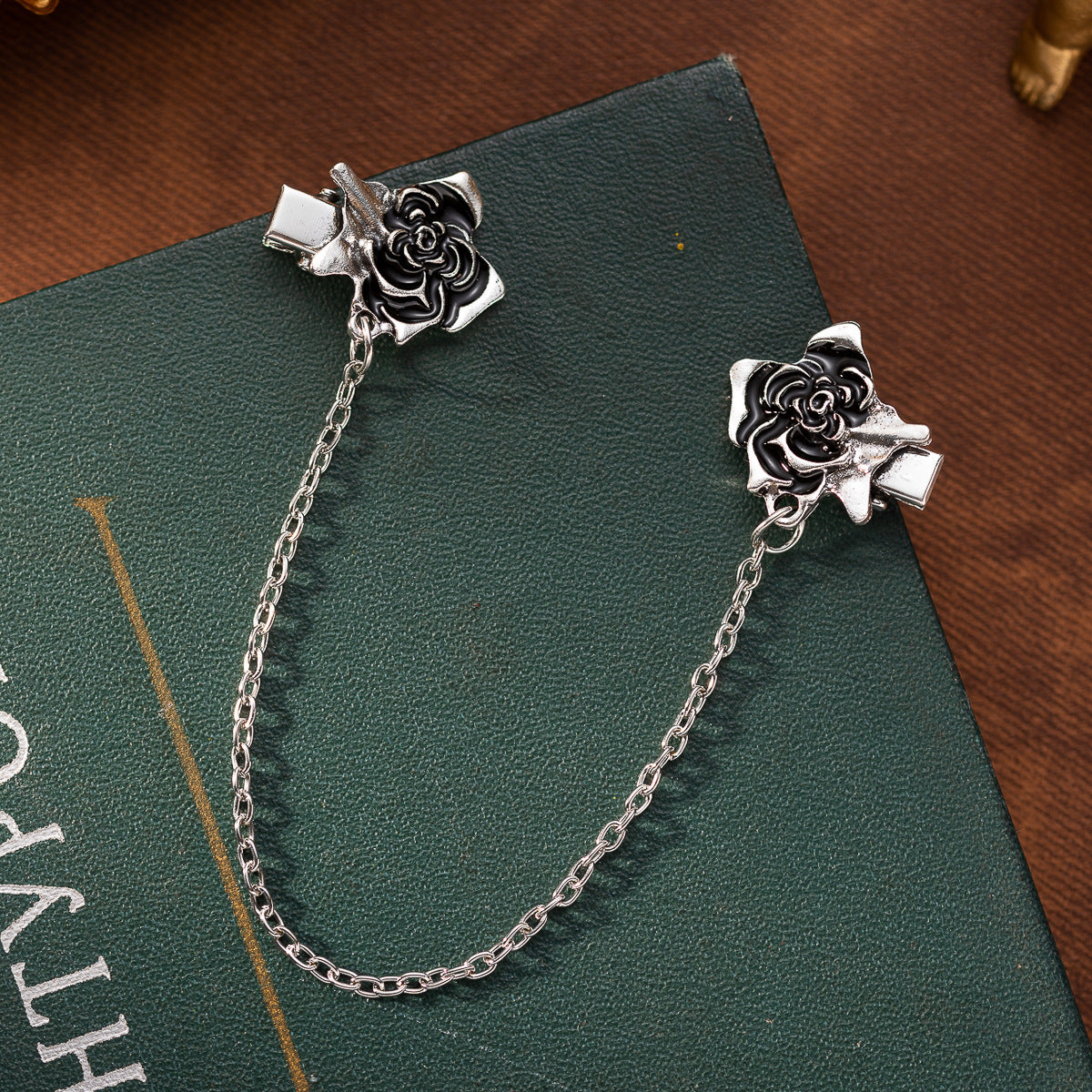 Rose collar clips with chain, silver-tone clips with black enamel rose