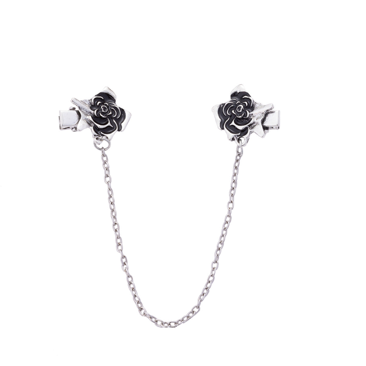 Rose collar clip with chain: two clips with black flower detail