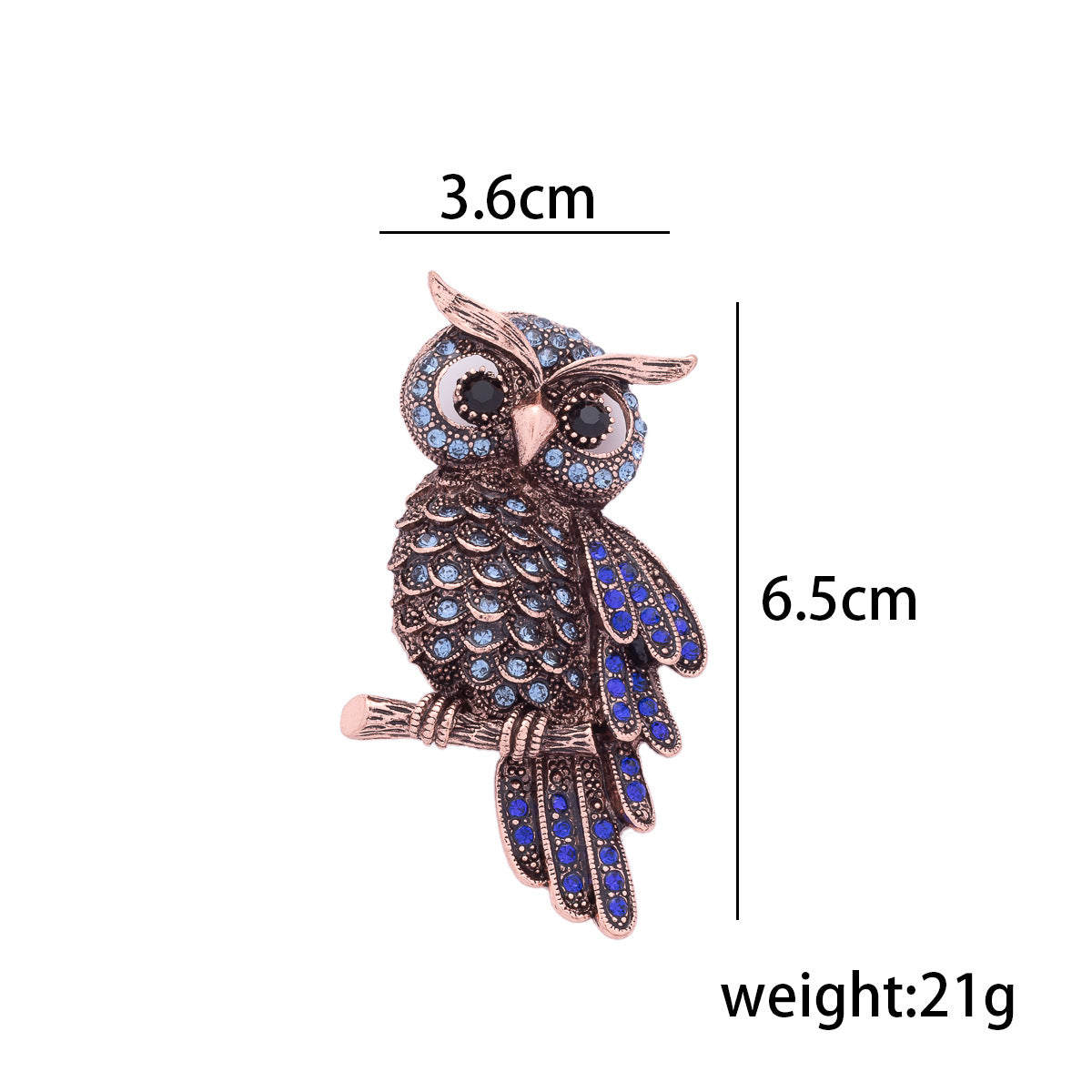 Owl brooch size 6.5 cm, 3.6 cm width, blue rhinestone details and enamel