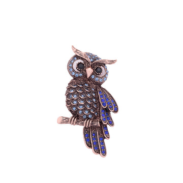 Blue owl brooch with rhinestone eyes, silver-tone finish, and decorative blue lines