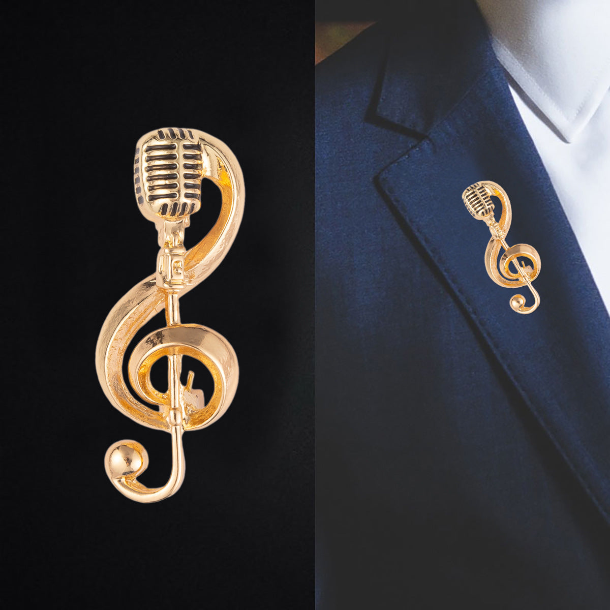 Gold microphone music-note brooch pin clipped on suit lapel, gold finish