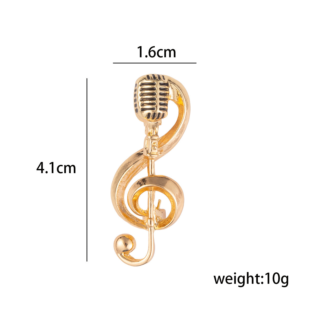 Gold microphone music-note brooch pin, 1.6cm by 4.1cm, 10g