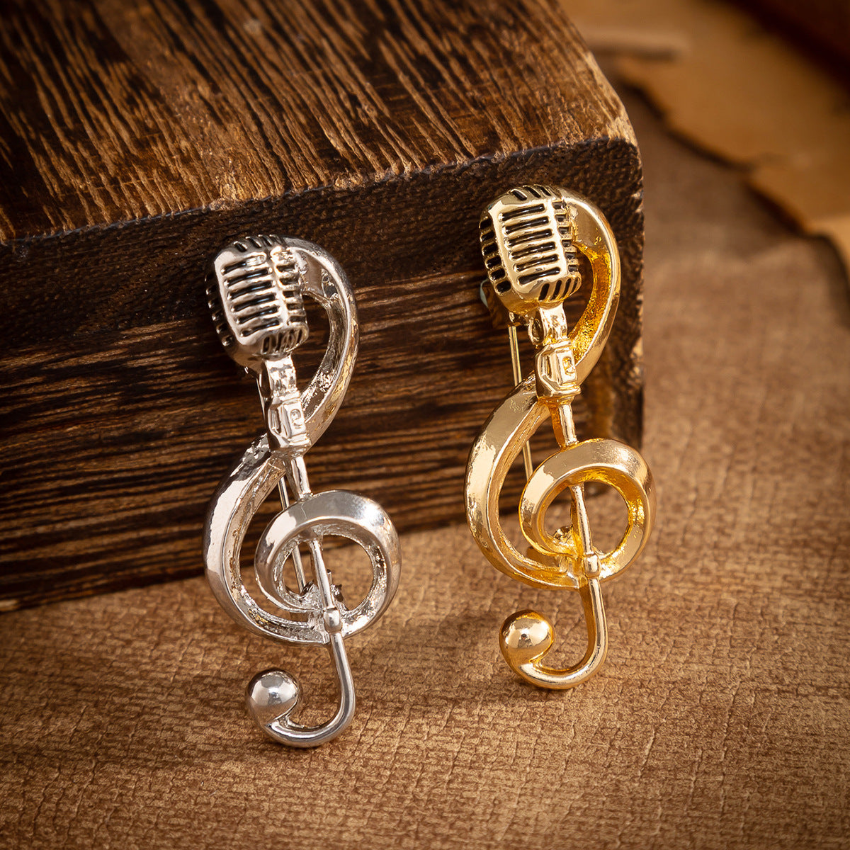 Silver microphone and music-note brooch pin for suits, hook back detail