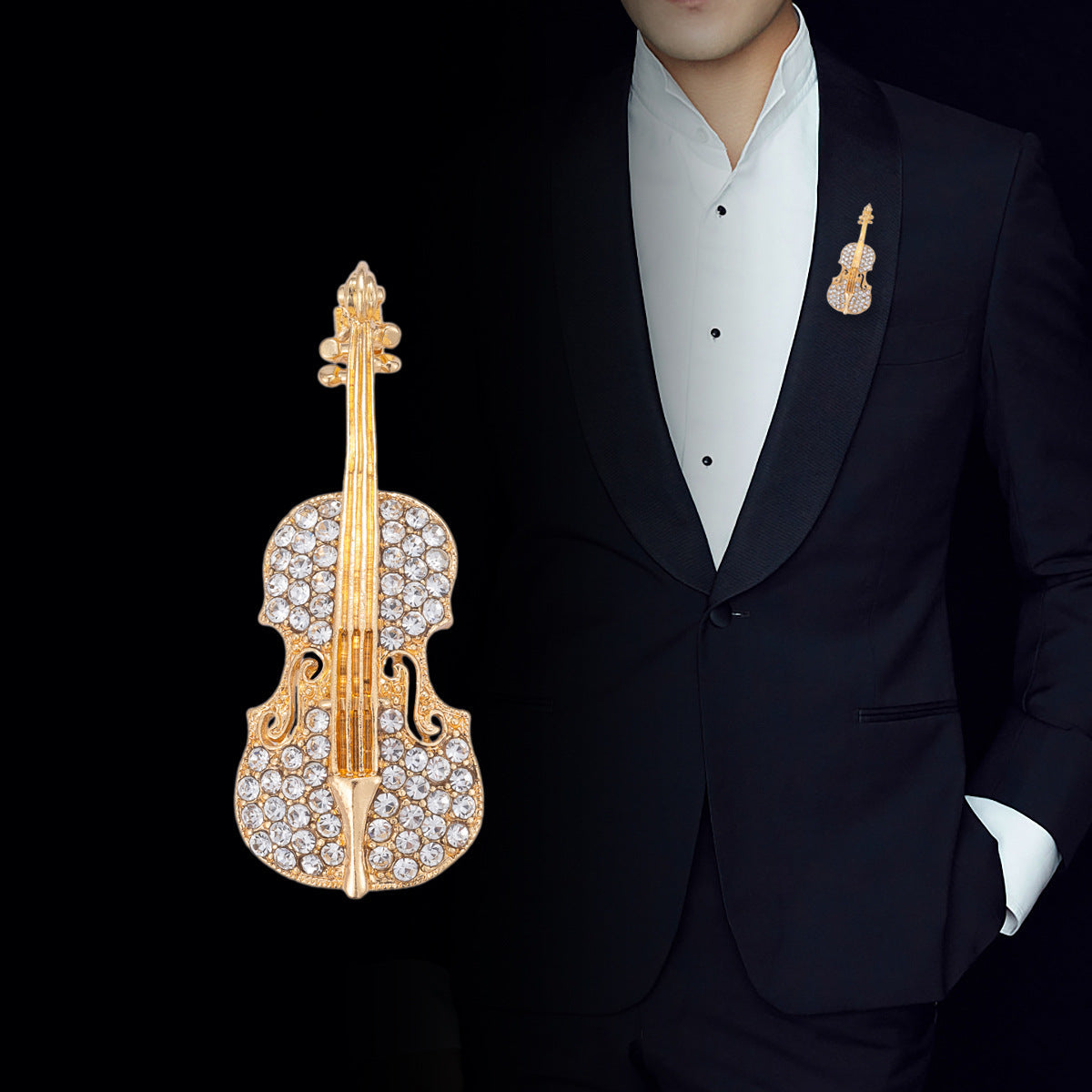 Strass guitar brooches, gold-tone guitar design with sparkling details