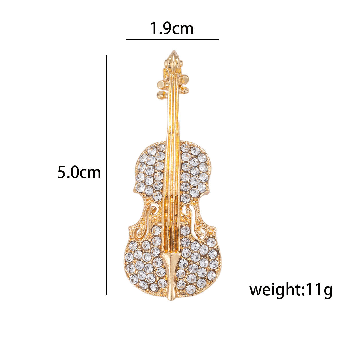Gold-tone guitar brooch with rhinestone sparkle, vertical strings motif
