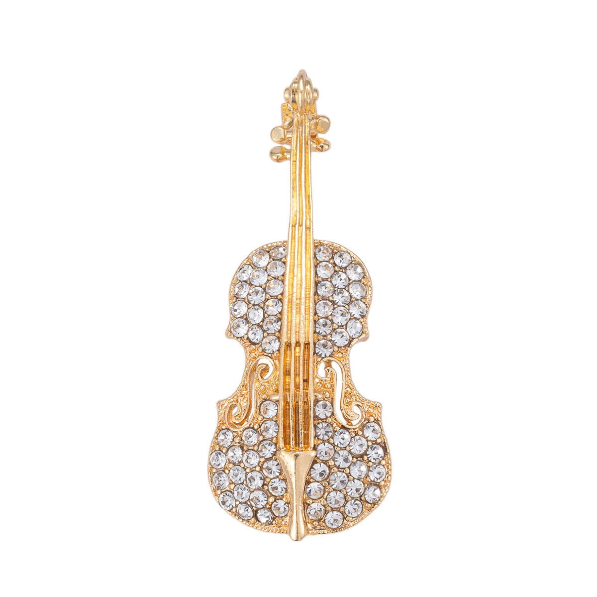 Gold-tone rhinestone guitar brooch, full front view of the instrument