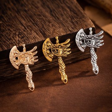 Vintage distressed dragon head axe brooch set of 3 in gold and silver tones