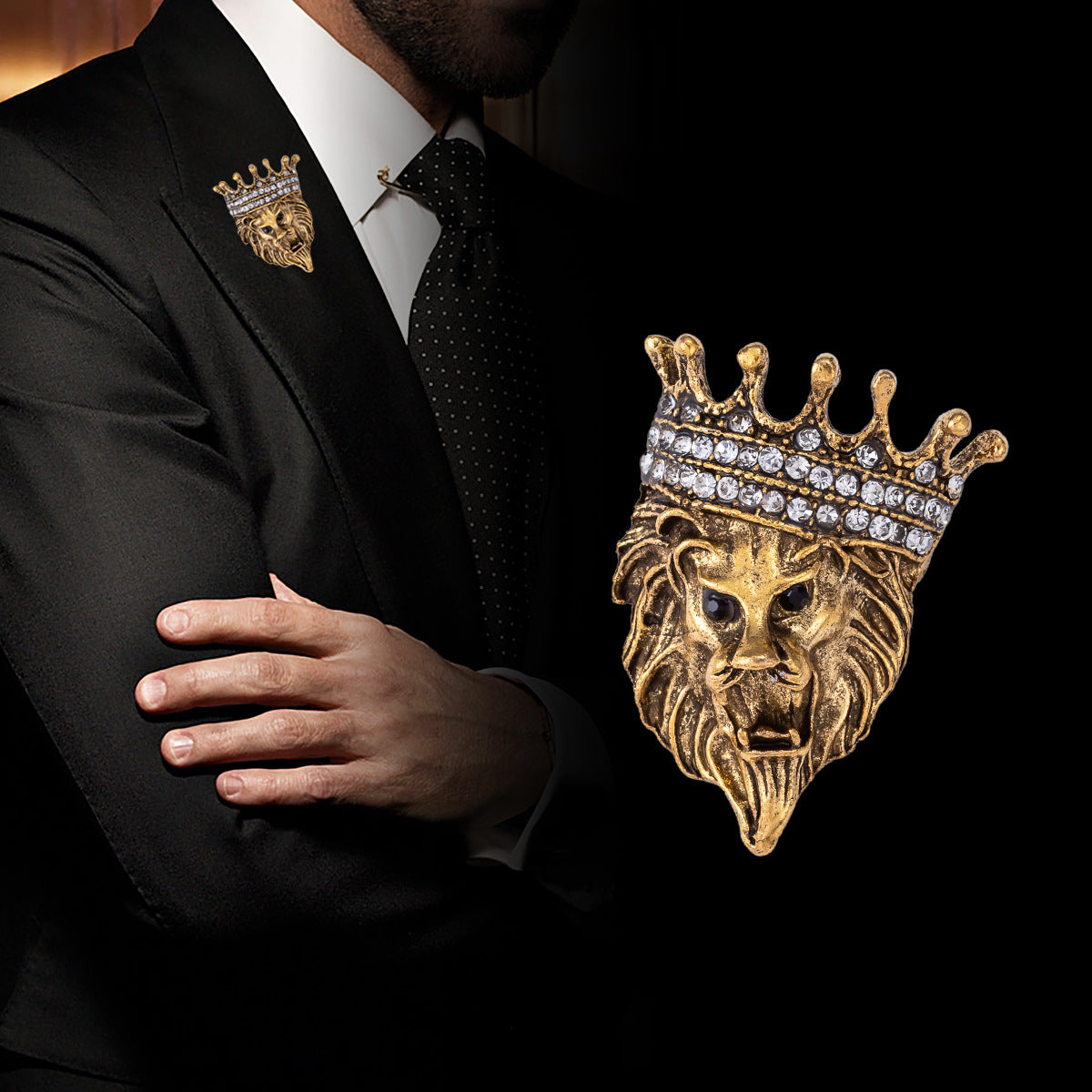 Gold lion head crown pin badge with rhinestones, worn on a lapel