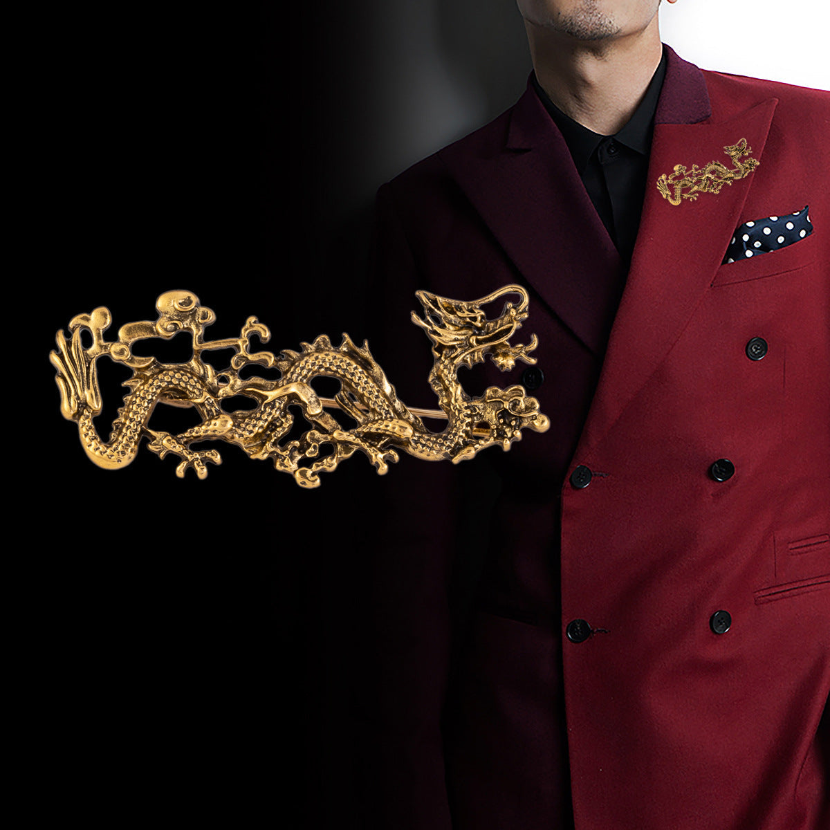 Gold Chinese dragon totem brooch on burgundy blazer lapel