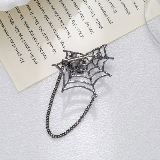 Silver Diamond-Inlaid Spider Web with Chain Creative Brooch 3pcs