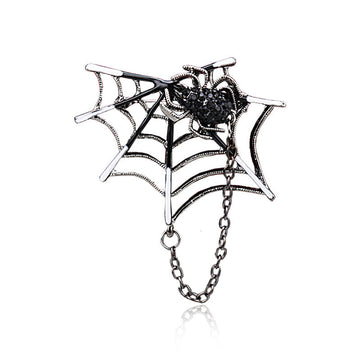 Silver spider-web brooch with black rhinestone spider and dangling chain
