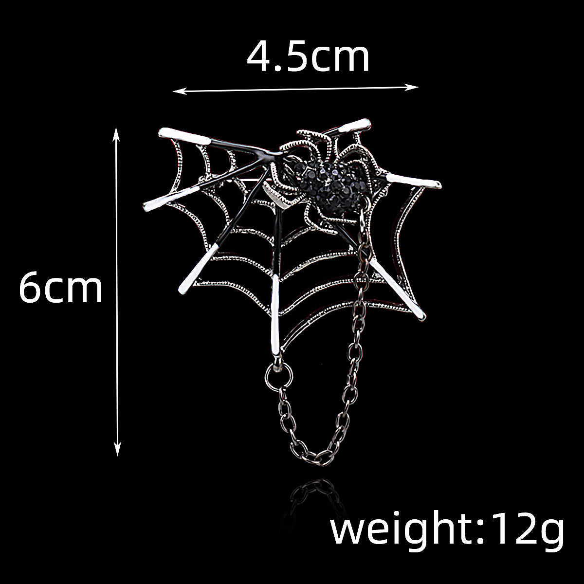 Spider-web brooch size 4.5cm, length 6cm; weight 12g; black rhinestone spider chain