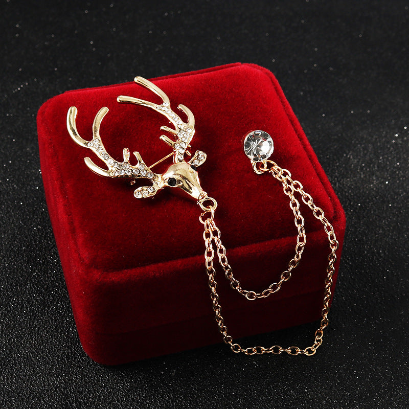 Gold reindeer head corsage brooch with dangling crystal on chain—4pcs