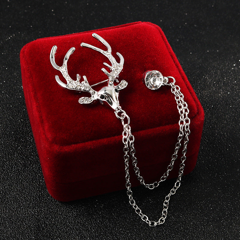 Silver reindeer head corsage brooch with dangling crystal on chain—4pcs