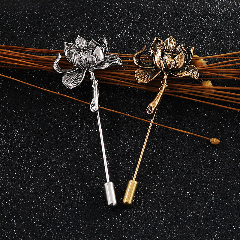 Lotus lapel pins, silver and gold-tone flower brooch with long stick pin
