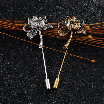 Lotus lapel pins, silver and gold-tone flower brooch with long stick pin