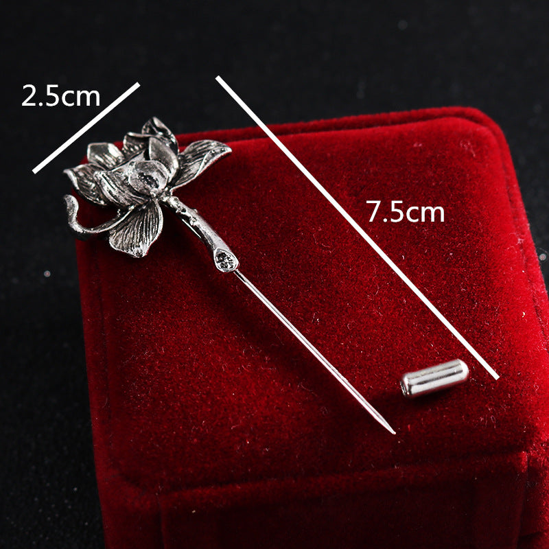 Silver-tone lotus brooch lapel pin with 2.5cm and 7.5cm size marks