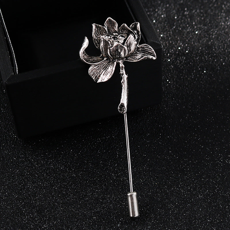 Silver-tone lotus flower stick pin on black box
