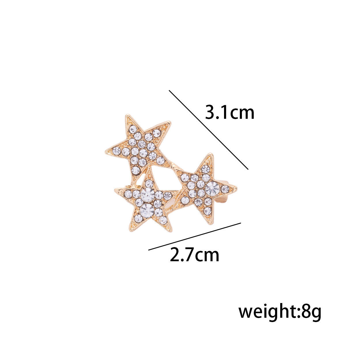 Gold-tone three-star diamond lapel pin set, 3.1 cm x 2.7 cm, 8 g