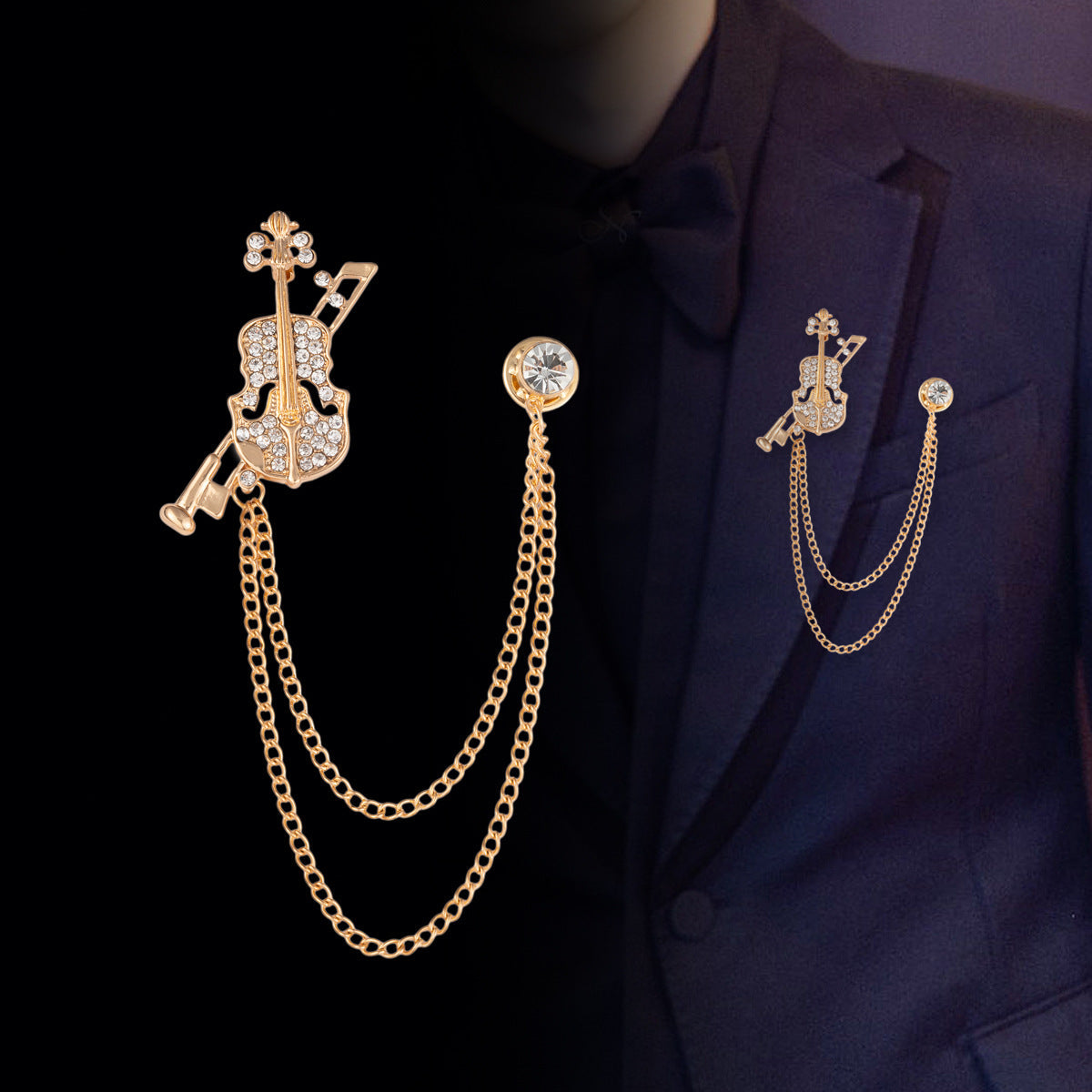 Gold-tone violin brooch tassel badge set with rhinestone violin and double chains