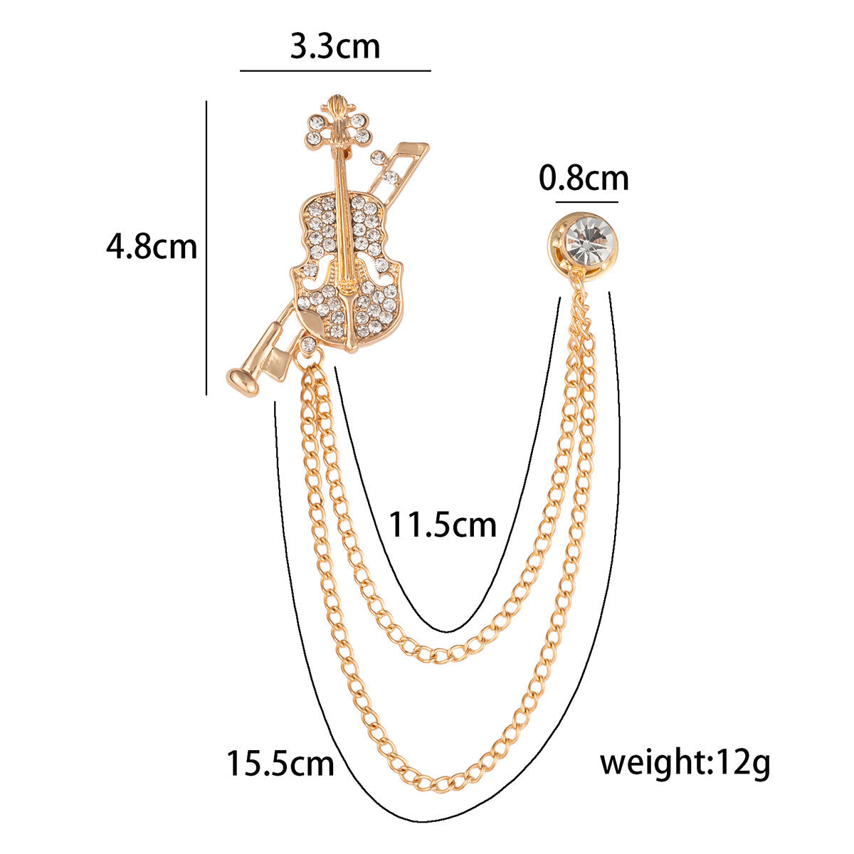 Gold-tone violin brooch tassel badge size diagram, 4.8 cm and 11.5 cm chain