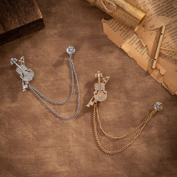 Violin brooch tassel badge: silver-tone chain with rhinestone violin and round clasp