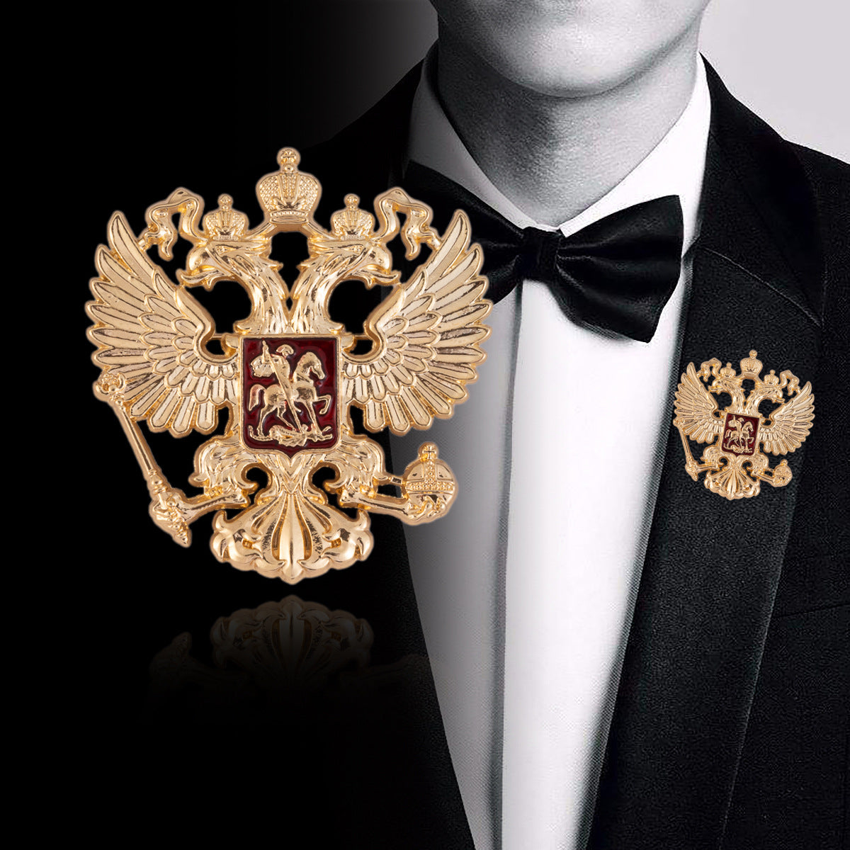 Gold-tone double-headed eagle knight brooch pin with crest, on black suit lapel