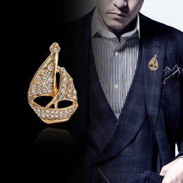Gold-tone diamond sailboat brooch pin for men, round-set crystal detailing