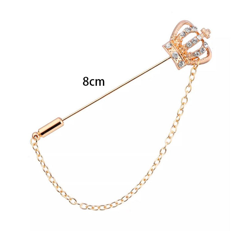 8 cm long-pin crown and anchor lapel brooch with chain, gold-tone and sparkle stones