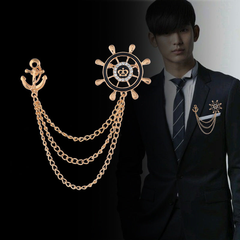 Gold nautical anchor and ship-wheel metal brooch with chunky chain, 3pcs