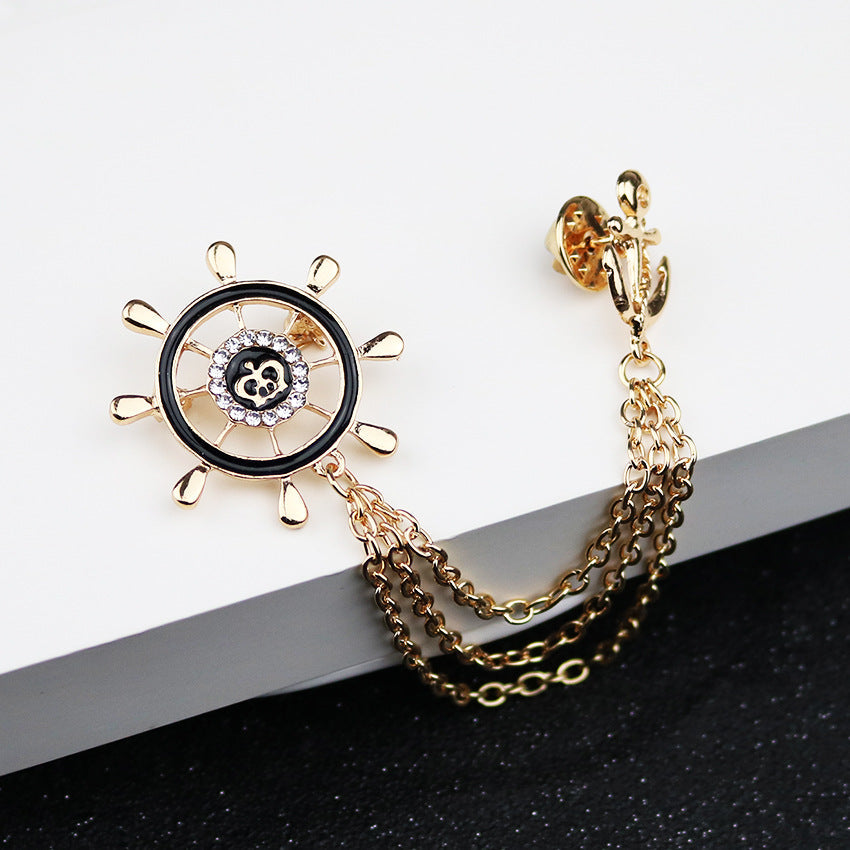 Gold ship-wheel metal brooch with anchor charm and layered chain, 3pcs set