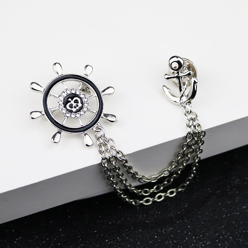 Silver nautical ship-wheel brooch with anchor charm and layered chain, 3pcs